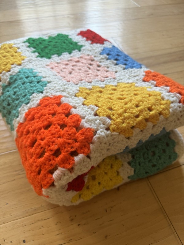 VTG Handmade Crochet Granny Square Afghan White 62×48 Throw Cottage Chore