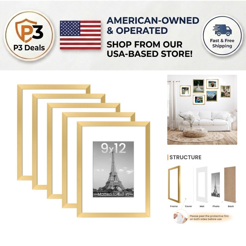 Elegant Gold 9×12 Picture Frame Set of 5 – Displays 6×8 or 9×12 Photos