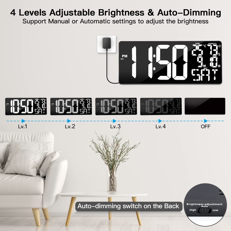 18 Inch Oversized Digital Wall Clock Remote Temperature Date White LED gallery