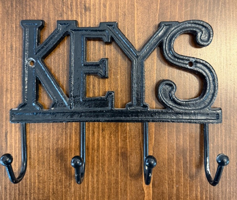 Black Metal “KEYS” Wall Mounted Key Rack, 4 Hooks, 8in L x 6in H