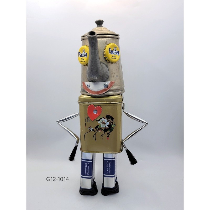 Vintage Found Object Robot Sculpture Teapot Altoids Tin Assemblage Art 11"
