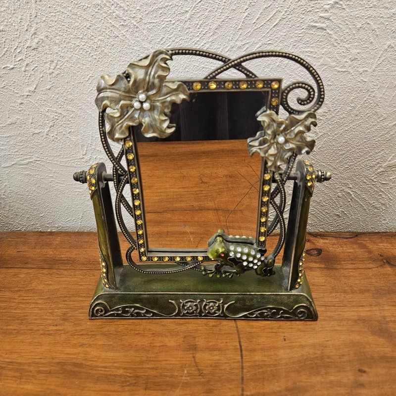 Ashleigh Manor Green Red Eye Frog Enameled Jeweled Swivel Vanity Mirror
