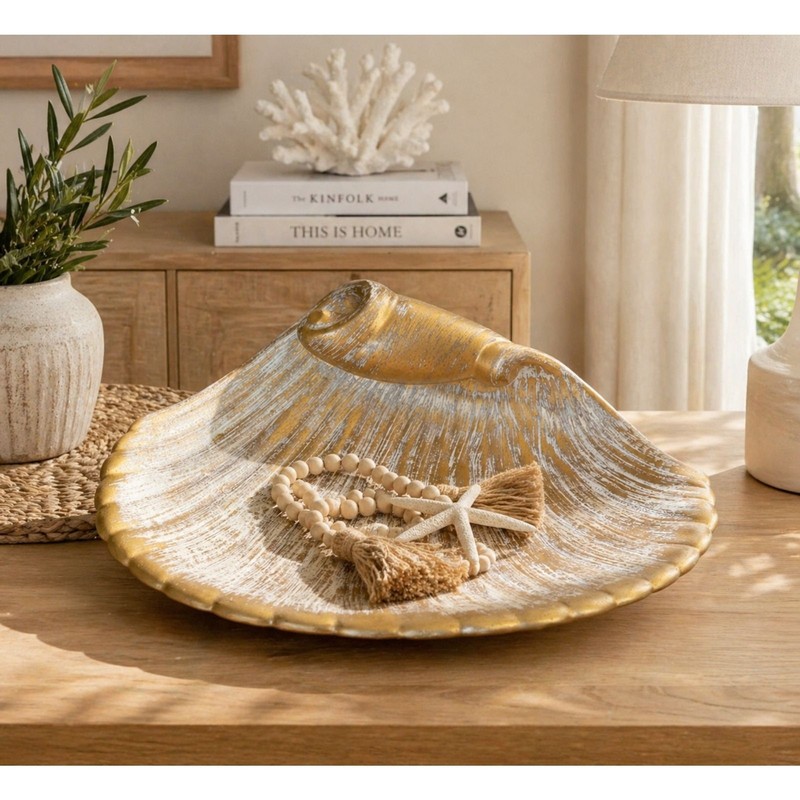 Large Gold Seashell Bowl Coastal Decor | Distressed Wash Shell Dish Centerpiece