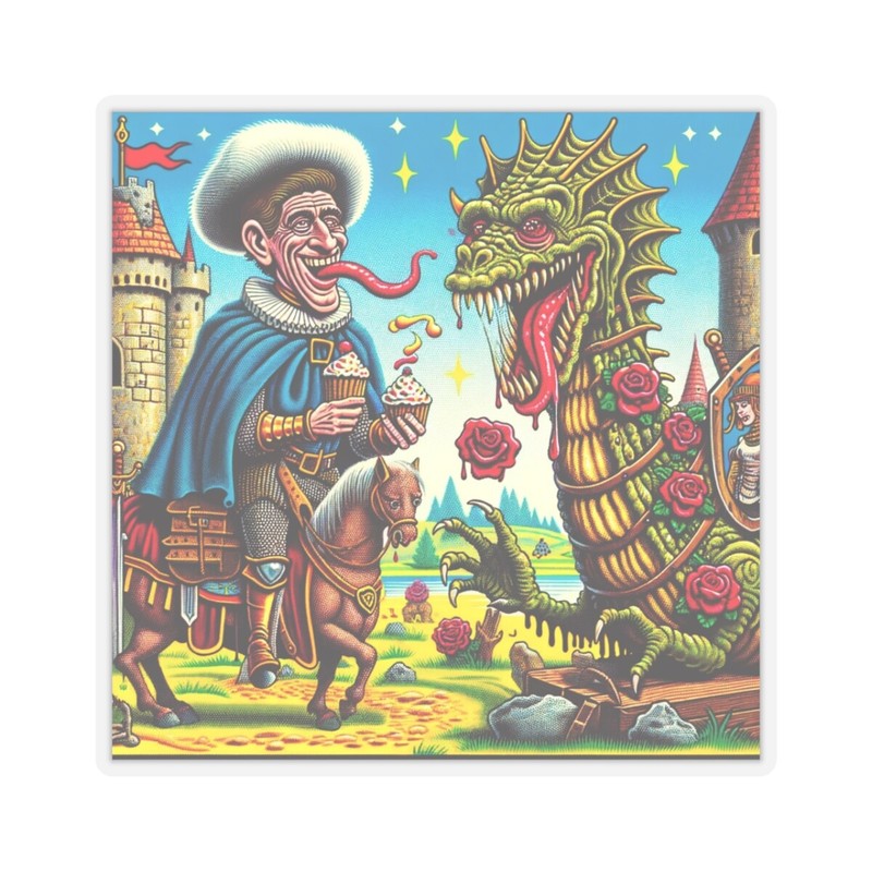 Retro 80s Style Cartoon Sticker Medieval Dragon Weird Quirky Funny Gross Novelty