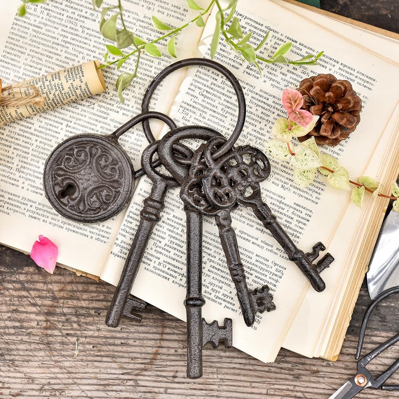 Cast Iron Antique Style Skeleton Key Ring Prop Halloween Pirate Decor Gear gallery