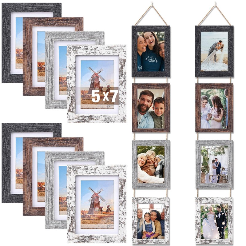 2 Set 5 x 7 Wall Hanging Picture Frames Collage with 8 Openings, Rustic Pictu…