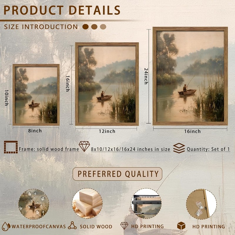 Wood Framed Vintage Fishing Wall Art, Country Fisherman Landscape Canvas Wall... gallery