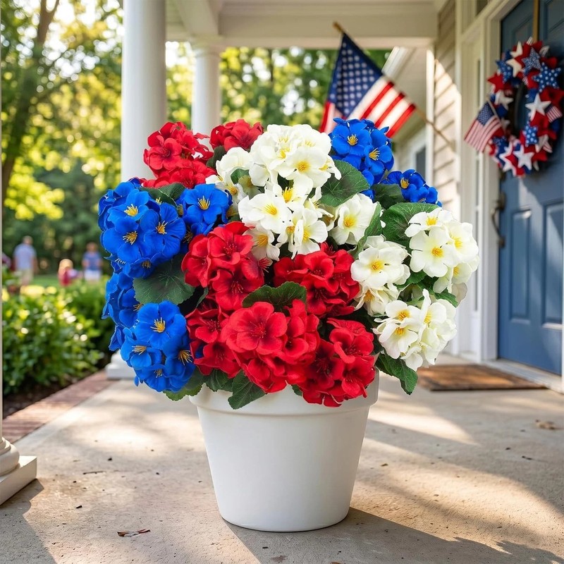 12 Pcs UV Resistant Artificial Geranium Flowers - Red, White, Blue Decor gallery