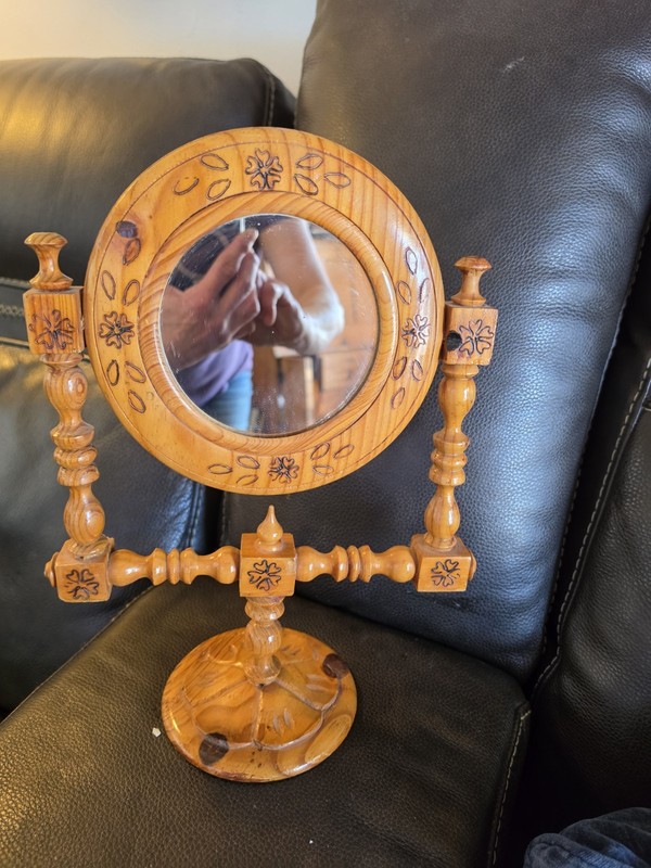 Vintage 14″ Wooden mirror Pedestal Tabletop Vanity Mirror Swivel Folk Art