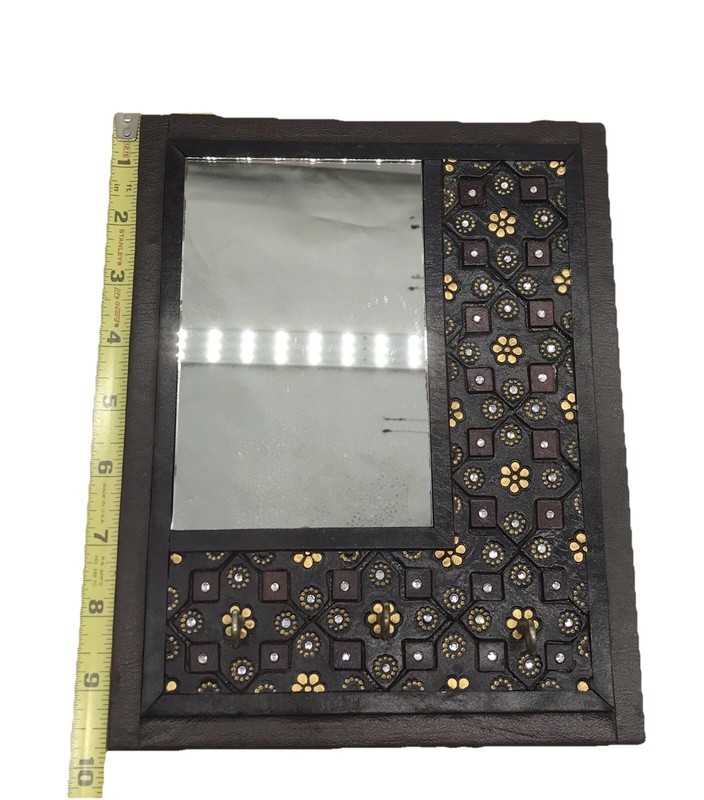 Vtg Boho Tooled Dark Leather Framed Wall Mirror Floral Jeweled Design Key Hooks gallery