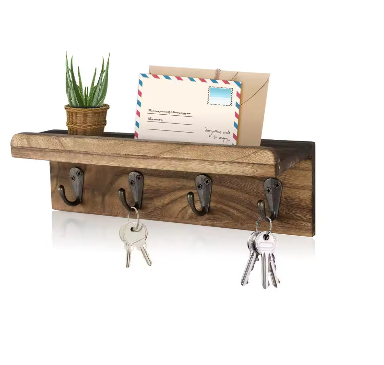 Rustic Key Holder for Wall, Farmhouse Wall Shelf with 4 Hooks, Wall Mounted Key