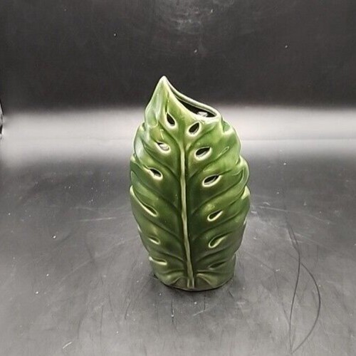 Green Glazed Ceramic Leaf Vase with Unique Leaf Design