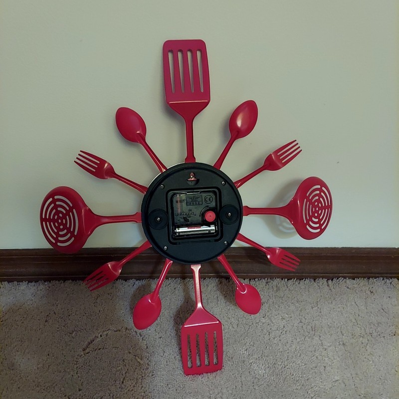 Retro Styled Red Metal Kitchen Utensils Clock - Silver Face Black 1 to 12 gallery