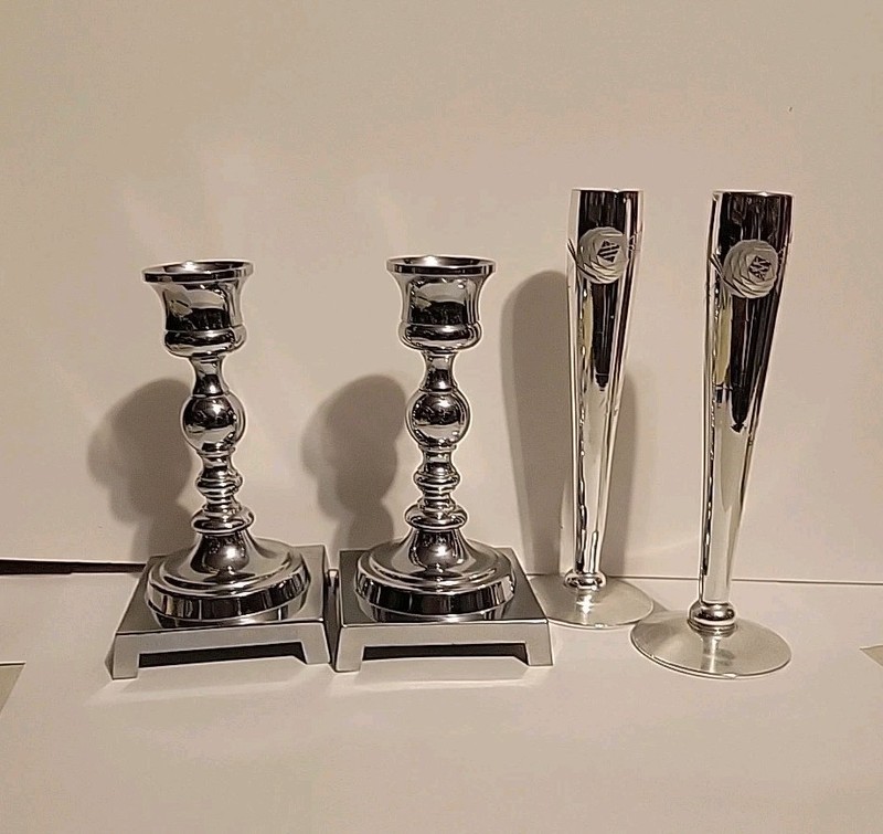 VTG Mueller Candlelite 2 Bud Vase 2 Chrome Candle Holders Silverton Etched Gift