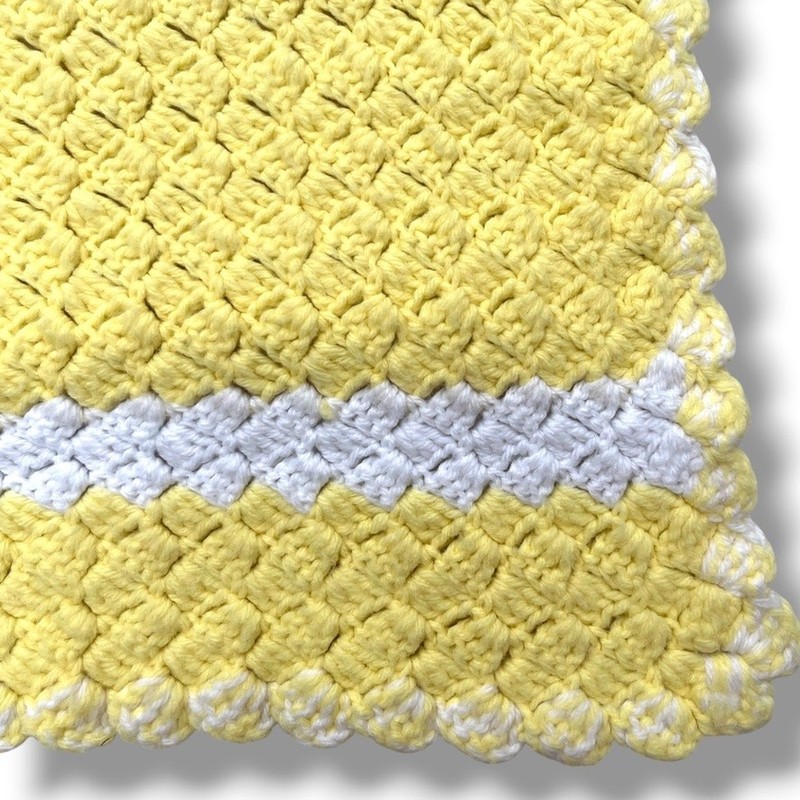 Vintage Crocheted Yellow Baby Afghan with White Border Gender Neutral gallery