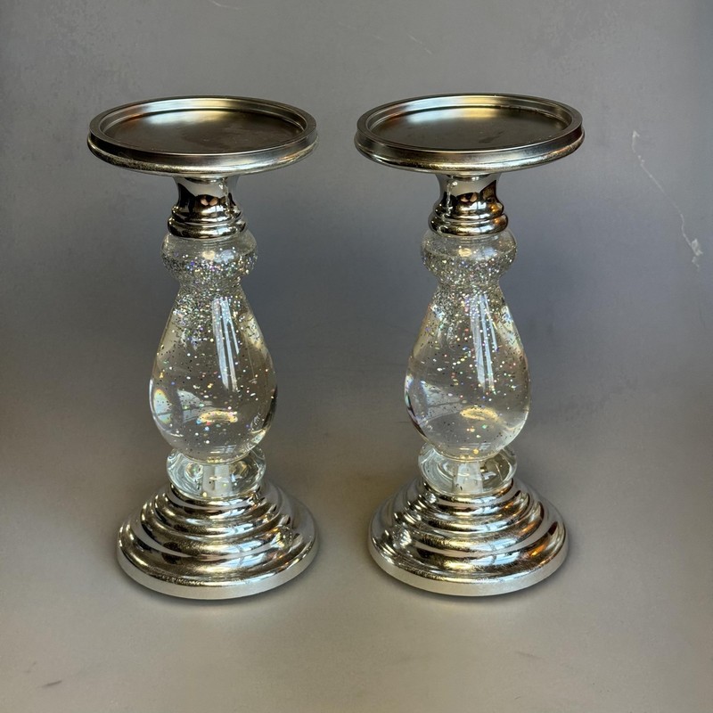 Bath & Body Works Candle Holders (2) 3 Wick Silver Swirling Glitter Pedestals