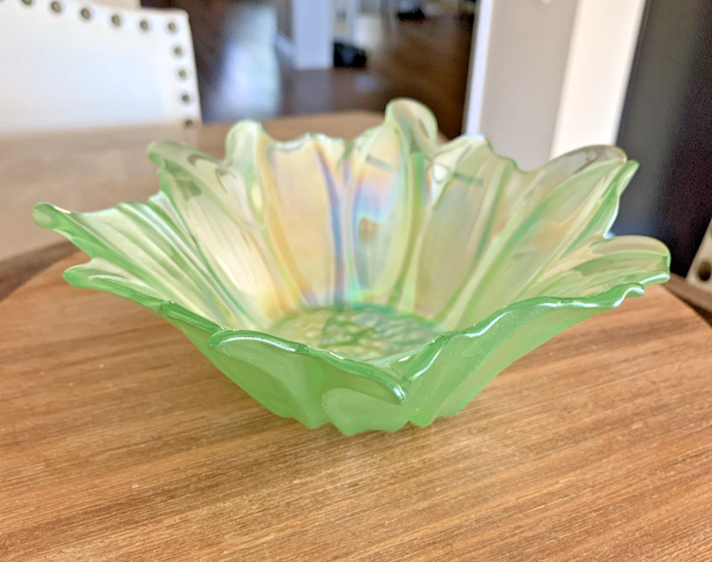 Akcam Light Green Iridescent Turkish Floral Art Glass Bowl Candy Dish 6" gallery