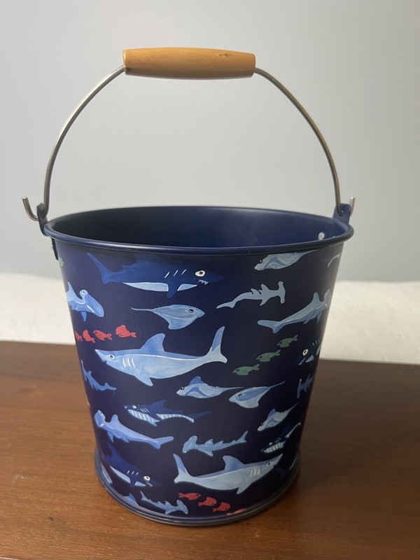 Pottery Barn Kids Metal Tin Bucket Pail Wood Handle Beach Sand Sharks Fish 2010