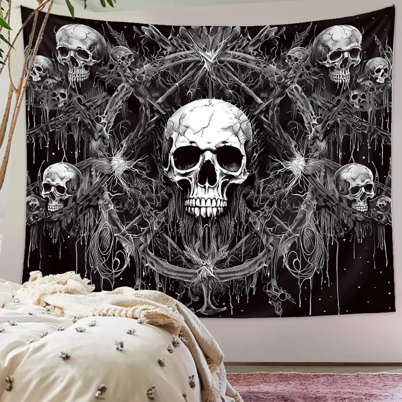 Gothic Black and White Tapestry Wall Hanging - Dark Skeleton Horror Aesthetic fo gallery