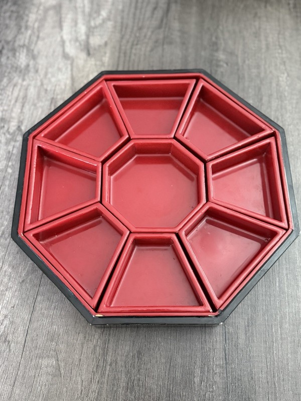 Vtg Korean Oxblood Lacquer Mother of Pearl Crane Bento Gujeolpan Box 9-Section gallery