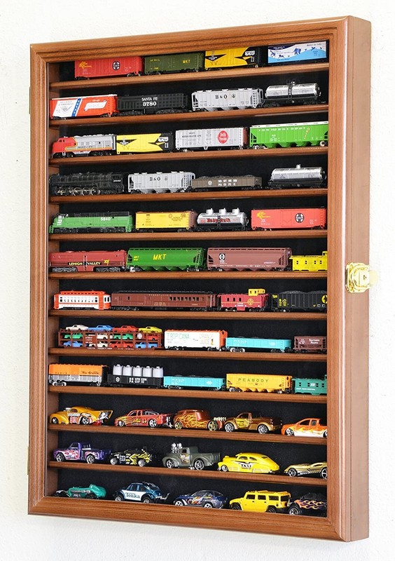 Train Display Case N Scale Walnut 12 Shelves Railroad Car Rack Model USA Cabinet