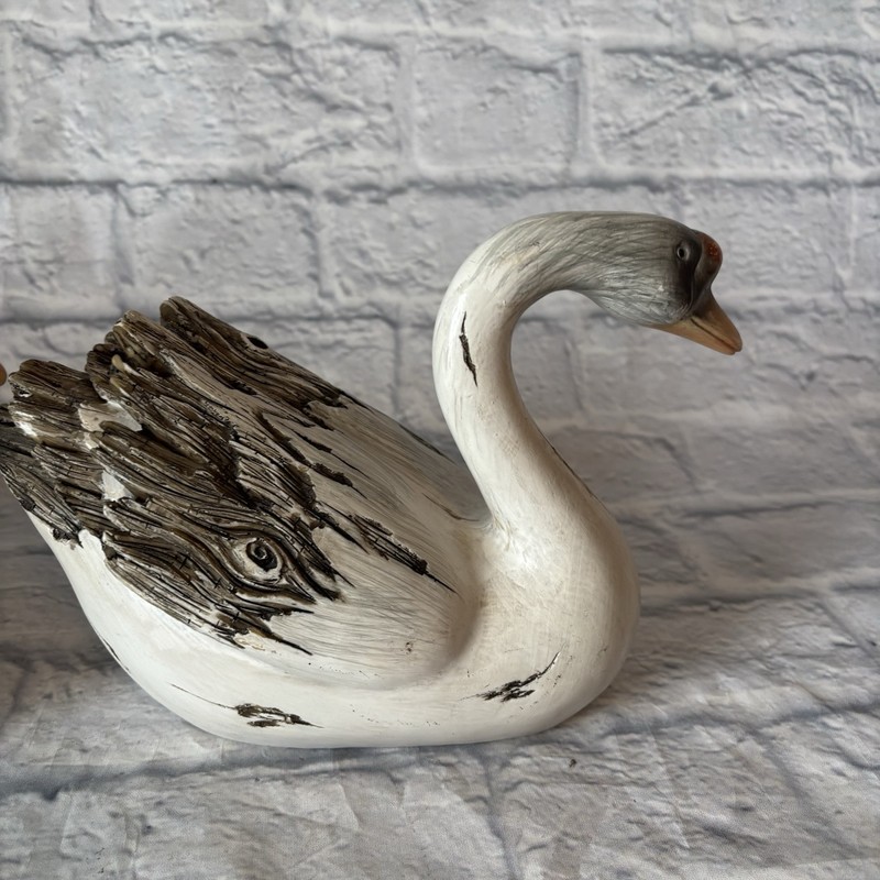 Lot of 2 Swan Decoy Primitive Woodland Cabin Decor Faux Wood Resin gallery