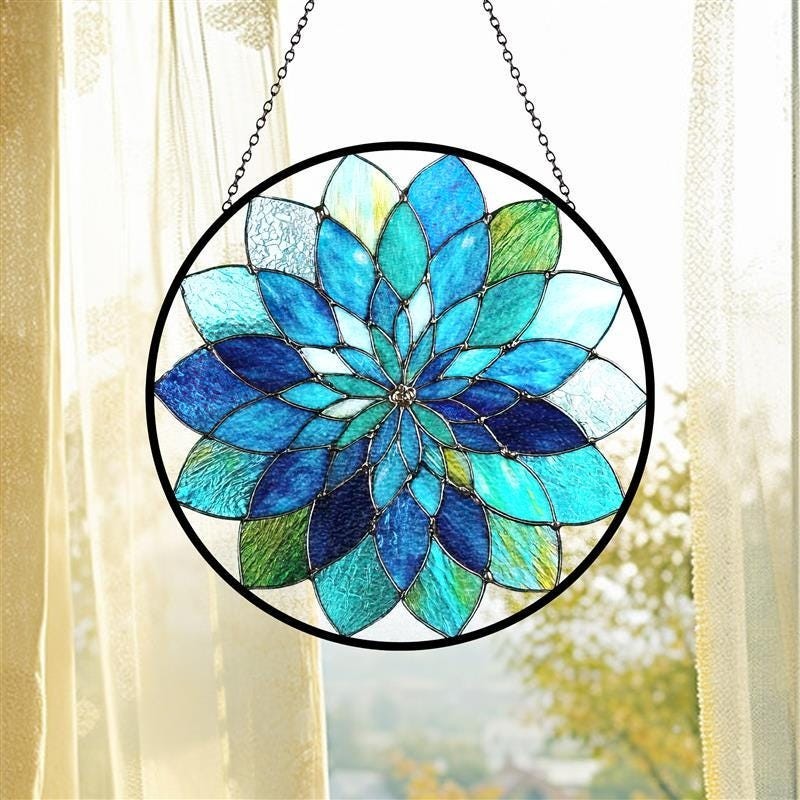Blue & Green Mandala Leaves Glass Suncatcher, Blue Leaves Window Hanging Decor gallery