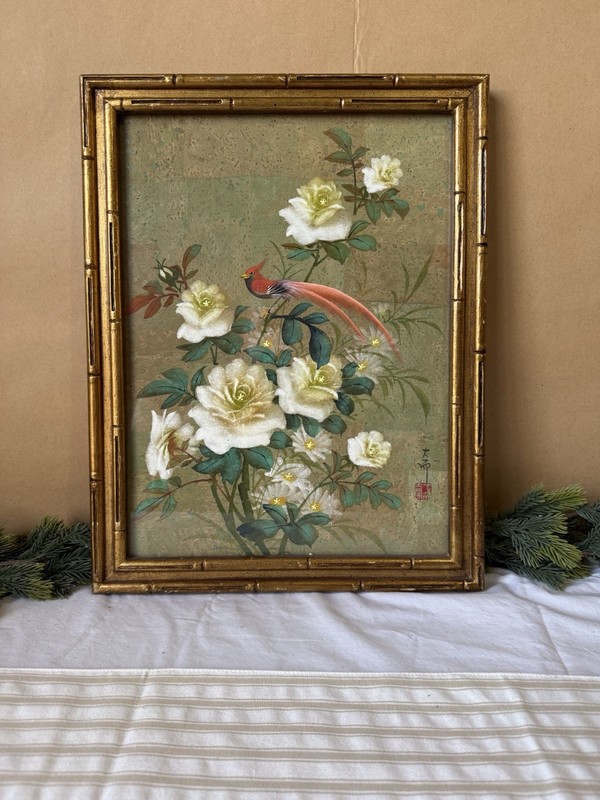 Vintage Asian Bird Floral Art Gold Bamboo Frame Red Bird White Flowers