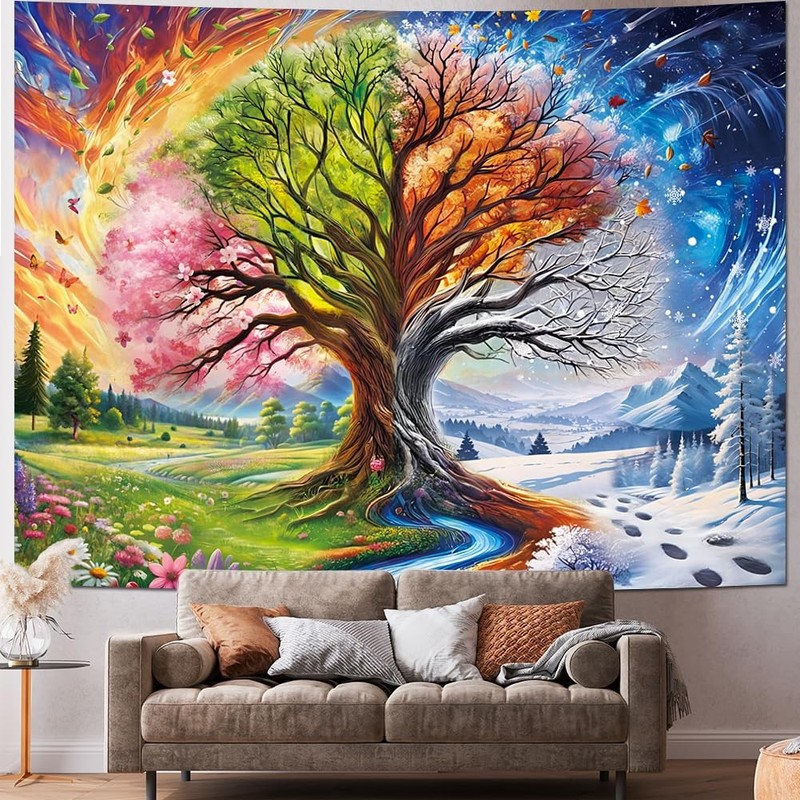 Colorful Tree of Life Tapestry Four Seasons Trees Tapestrie Spring Flower Green gallery