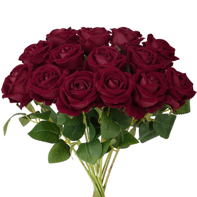 14PCS Burgundy Roses, Burgundy Roses Artificial Flowers, Velvet Silk Rose Bou…