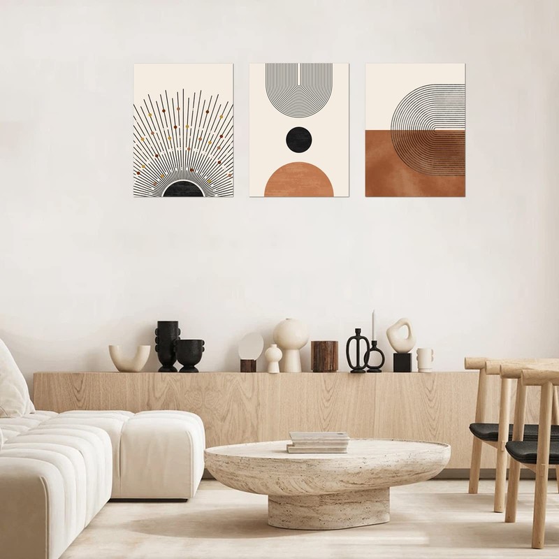 Wall Art Set of 3, Mid-Century Modern, Neutral Geometric Line Sun, Framed Abs... gallery