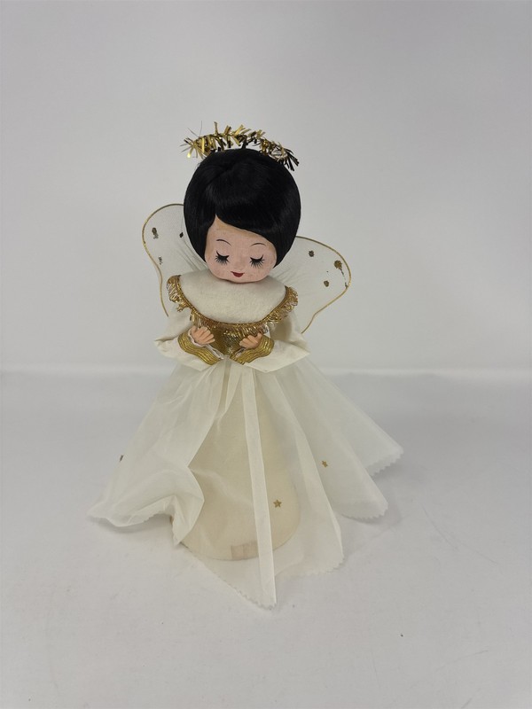 Vintage Angel Christmas Tree Topper White Gold Black Hair Tinsel Halo MCM Paper