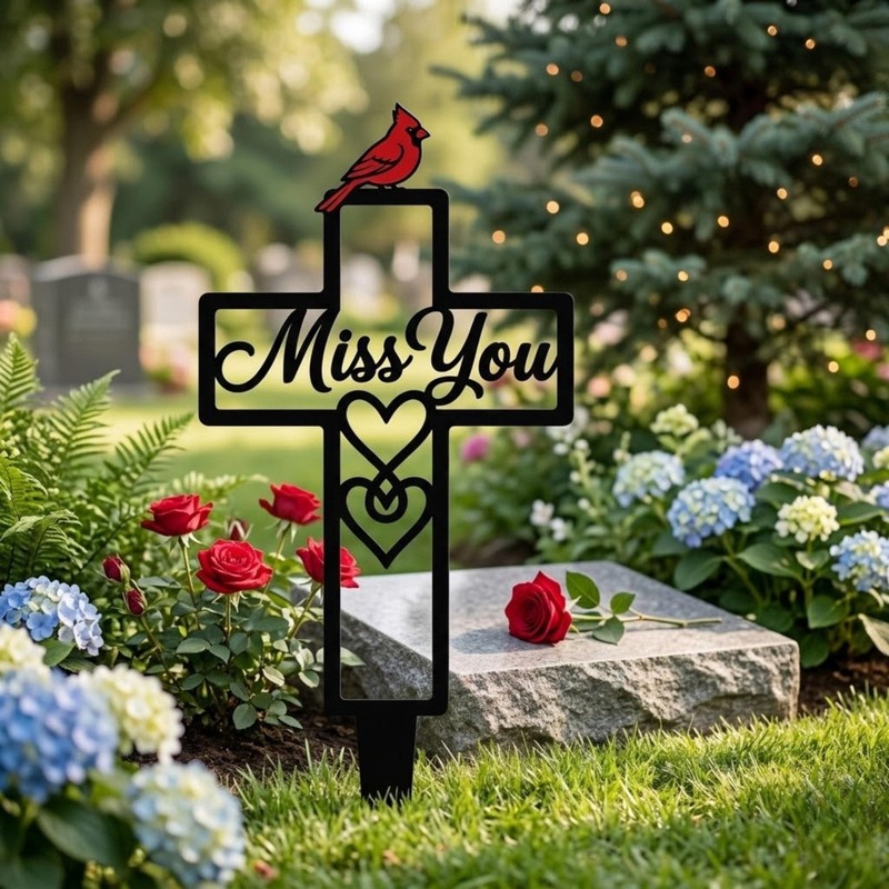 Cardinal Memorial Cross Stake, Personalized Grave Marker, Memorial Garden Decor