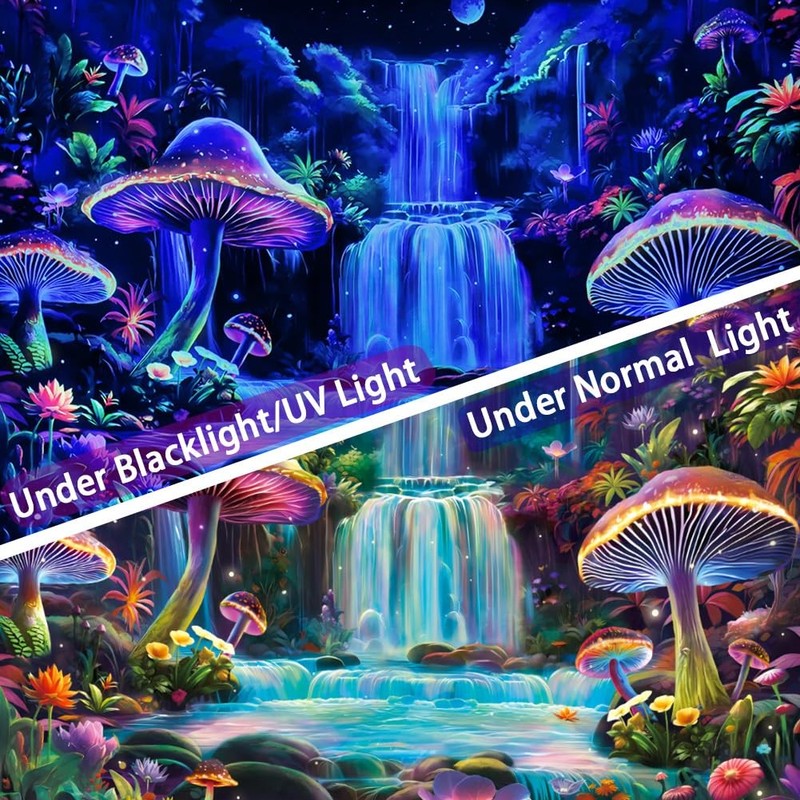 Blacklight Tapestry Fantasy Mushroom Forest Tapestry UV Reactive Waterfall Ta... gallery