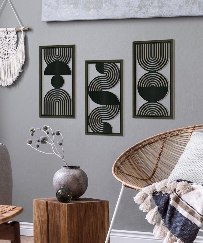 3 PCS Modern Minimalist Black & Gray MDF CutOut Geometric Line Wall Art Panel gallery