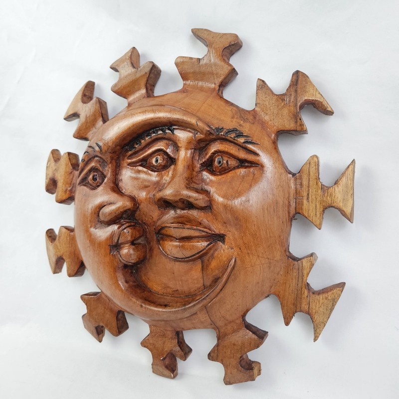 Celestial Man Sun Moon Sculpture Carved Wood Wall Decor Hanging Plaque 13″