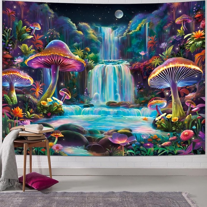 Blacklight Tapestry Fantasy Mushroom Forest Tapestry UV Reactive Waterfall Ta... gallery