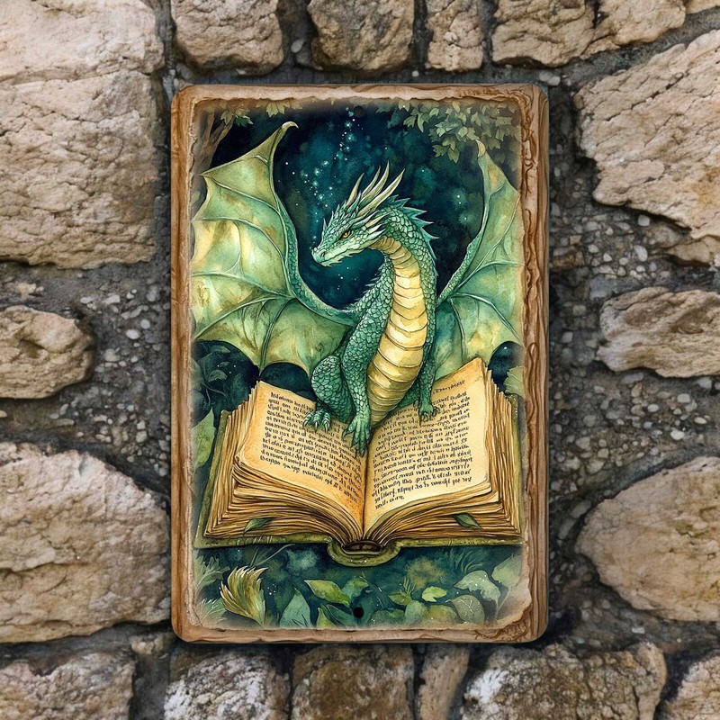 Dragon Metal Sign – Green Dragon on Open Book Fantasy Wall Decor, 8×12 Inches