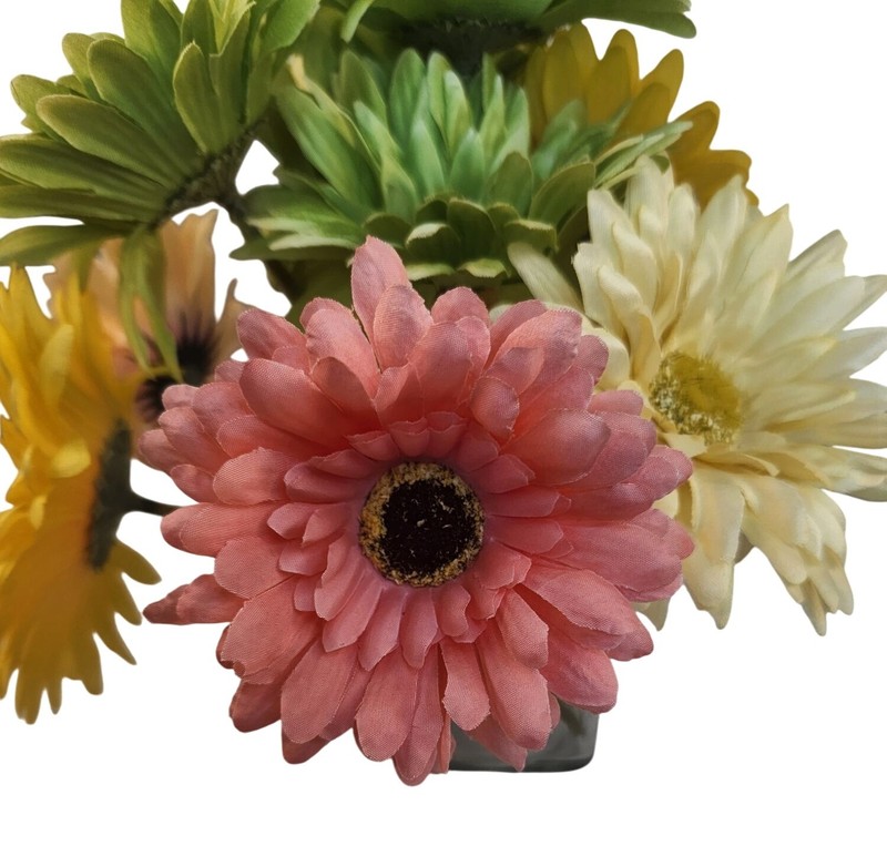 Silk Gerbera Daisy Floral Arrangement – Green Yellow & Pink Multicolor