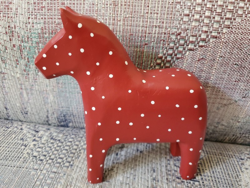 Swedish dala horse 6-1/2 inches vintage wooden dark red with polka dots Sweden