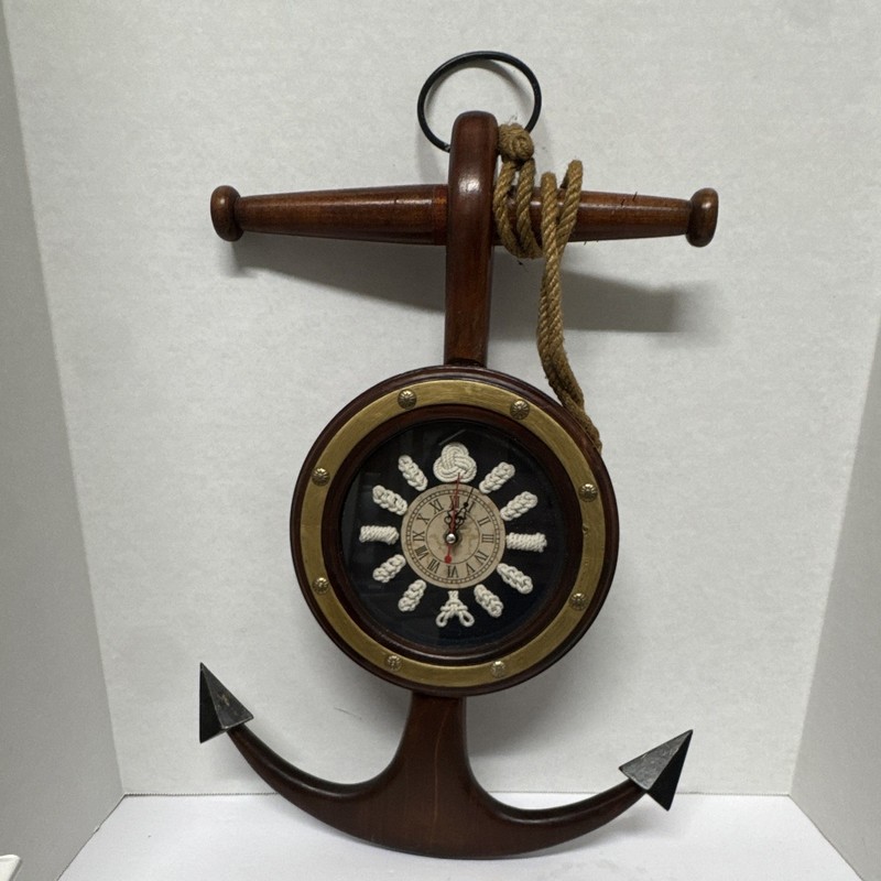 Nautical Anchor Hanging Wall Clock Wood Metal Rope Accent Roman Numerals Quartz