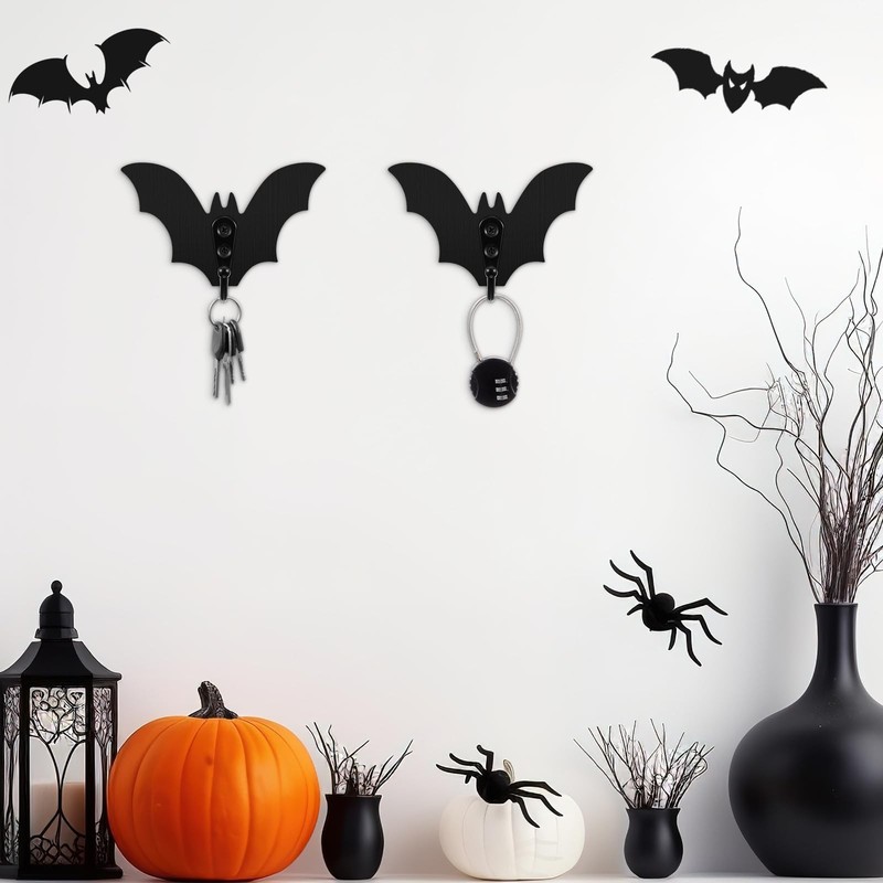 4 PCS Black Bat Wall Key Holder Gothic Wooden Key Hooks Spooky Decor gallery