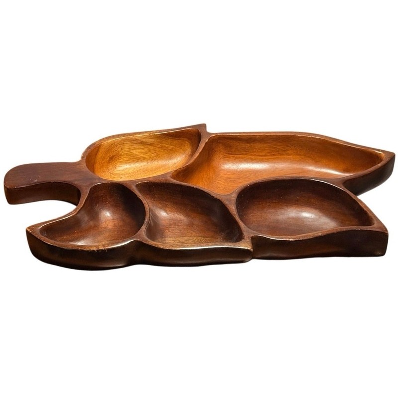 Vintage Carved Mahogany Leaf Serving Tray Made in Haiti Mid Century Divided Dish
