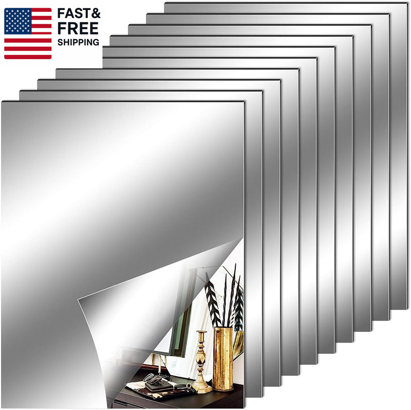 10 Pieces Flexible Mirror Sheets, Self Adhesive Decorative Plastic Mirror Tiles