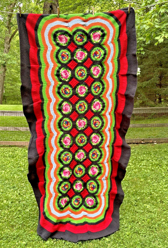 Vintage Hand Crocheted Afghan Blanket LONG & HEAVY 95″ x 43″ COLORFUL 6 lbs