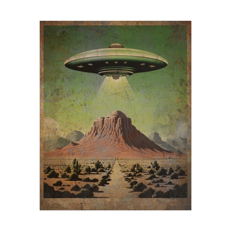 UFO Alien Desert Wall Art, Vintage Sci-fi Western Poster, NHI Cryptid Cactus UAP