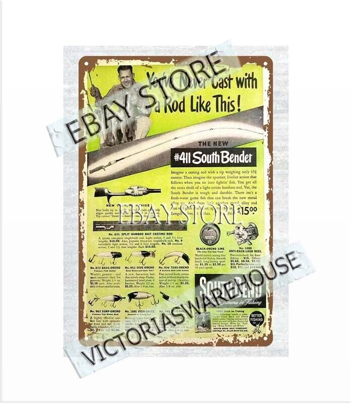1947 tackle box gear fishing Rods Reels Lures Indiana tin sign cabin log house