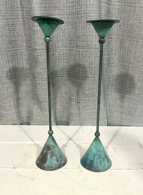Vintage lot of 2 Tall Patina Cone Base Green Metal Candlestick Holders