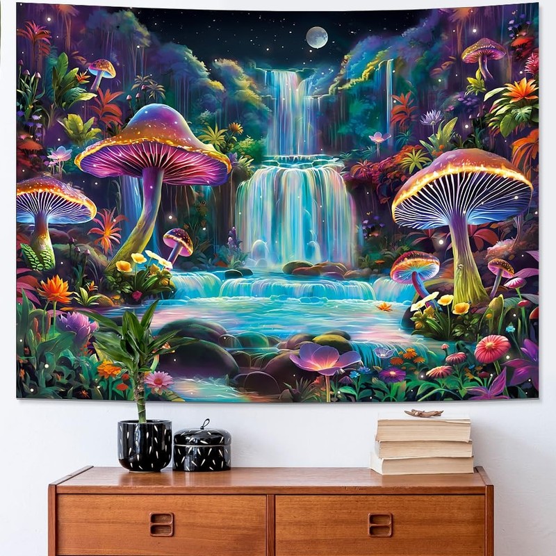 Blacklight Tapestry Fantasy Mushroom Forest Tapestry UV Reactive Waterfall Ta... gallery