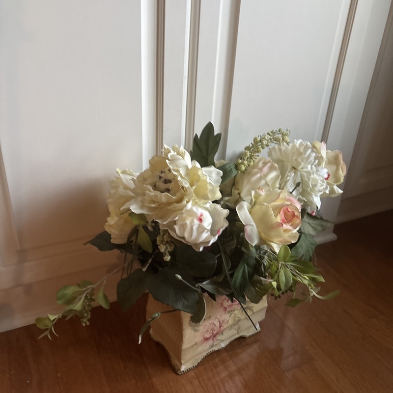 Vintage Floral Arrangement Silk Roses Peonies in Decorative Shabby Chic Planter
